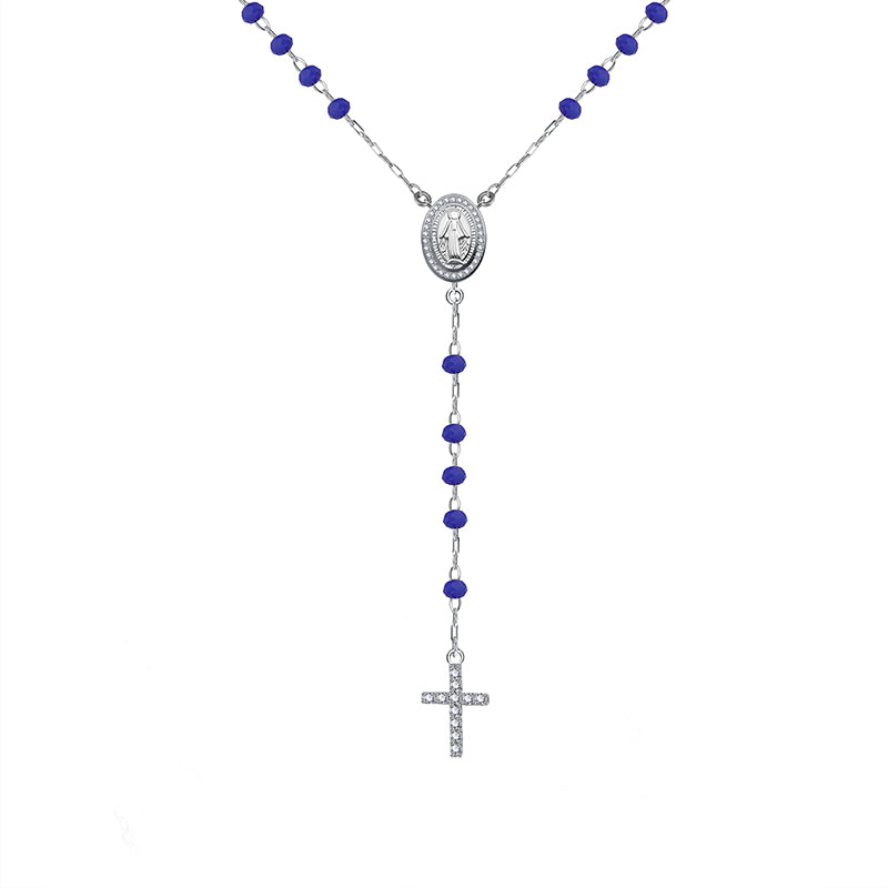 Black/dark blue/turquoise/white beads white zircon mother Maria and cross silver 925 rosary necklace