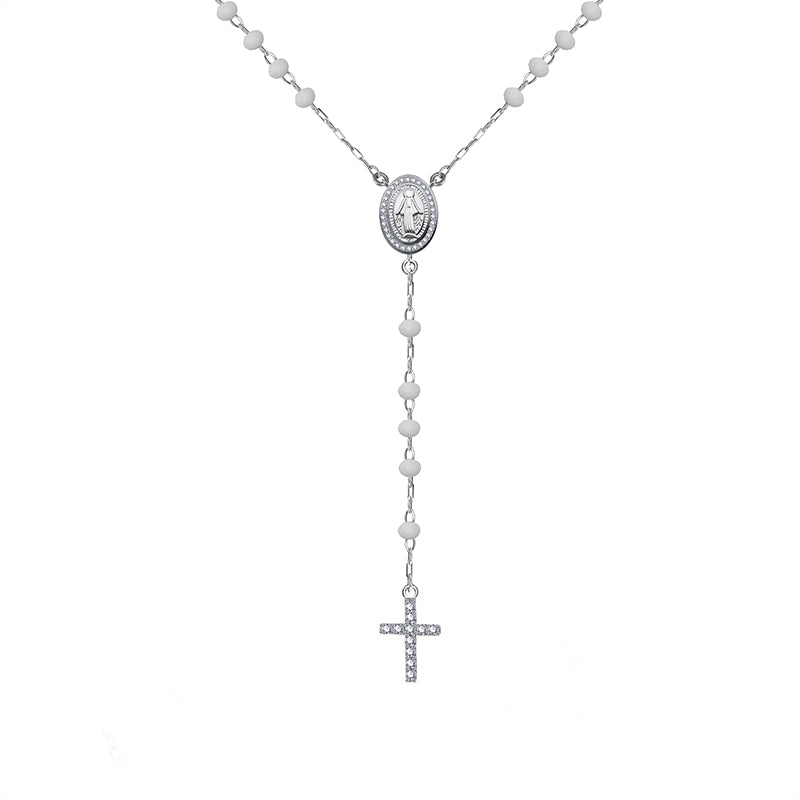 Black/dark blue/turquoise/white beads white zircon mother Maria and cross silver 925 rosary necklace