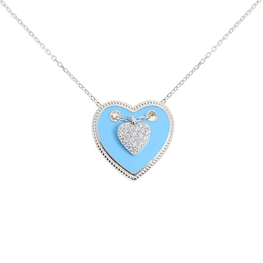 Silver House Light Blue Enamel Zircon  Heart Shaped Silver 925 Necklace Young Girl