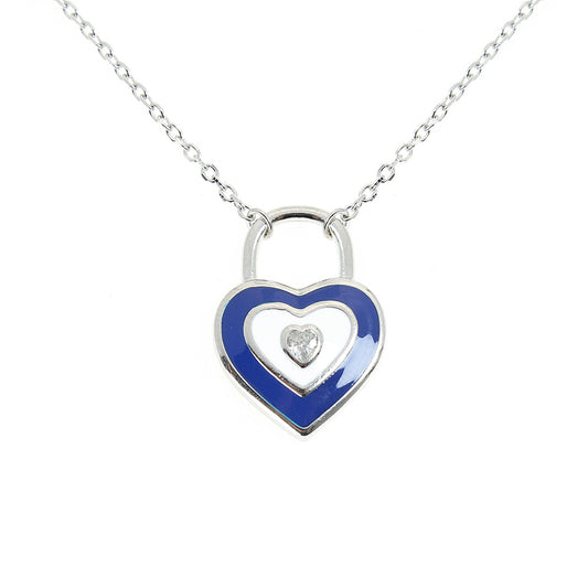 Silver House Dark Blue Heart Shaped Lock Enamel Round Shaped Zircon Silver 925 Necklace