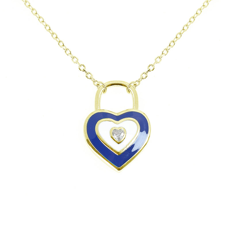 Silver House Dark Blue Heart Shaped Lock Enamel Round Shaped Zircon Silver 925 Necklace