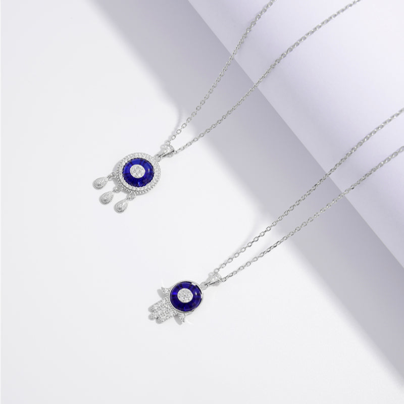 Dark Blue Hamsa White Zircon Silver 925 Necklace