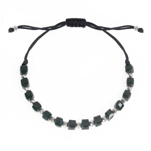 Dark Green Crystal Silver Beads Macrame Bracelet