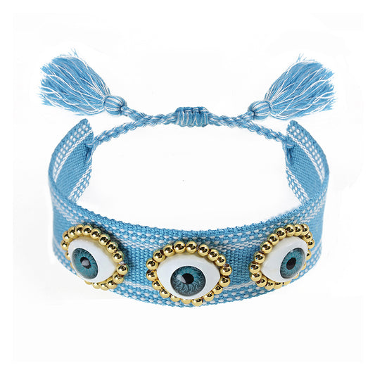 Light Blue Evil Eye Brass Beads Macrame Bracelet