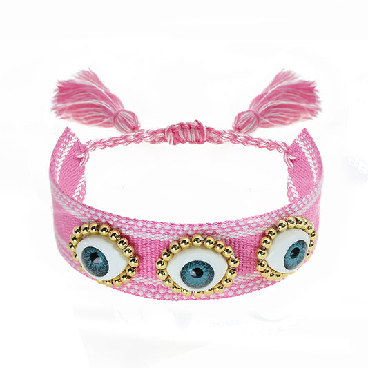 Pink Evil Eye Brass Beads Macrame Bracelet