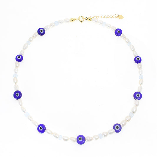 Fresh Water Pearl Evil Eye Silver Beads 925 Necklace