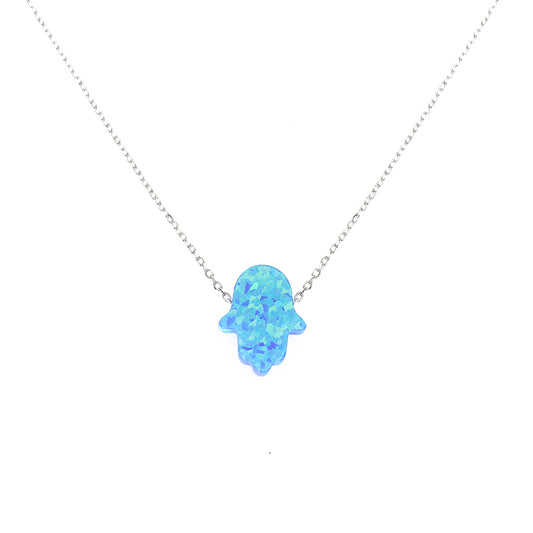 11x13mm Light Blue Opal Hamsa Silver 925 Necklace