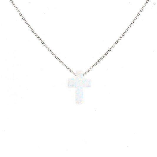 White Opal Cross Silver 925 Necklace