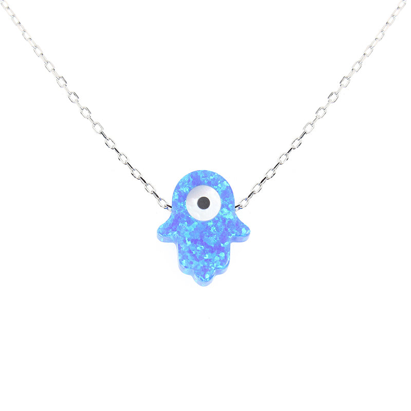 Dark Blue Opal Hamsa Evil Eye Silver 925 Necklace