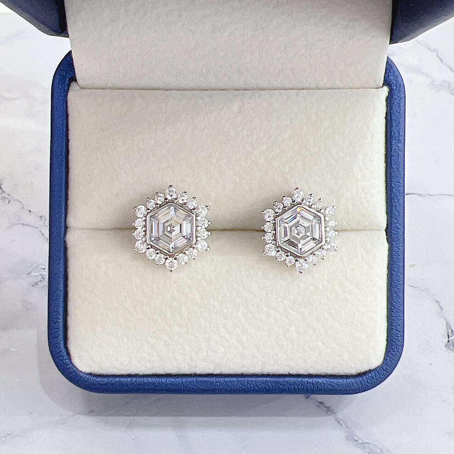 White zircon hexagon shape silver 925 stud earrings