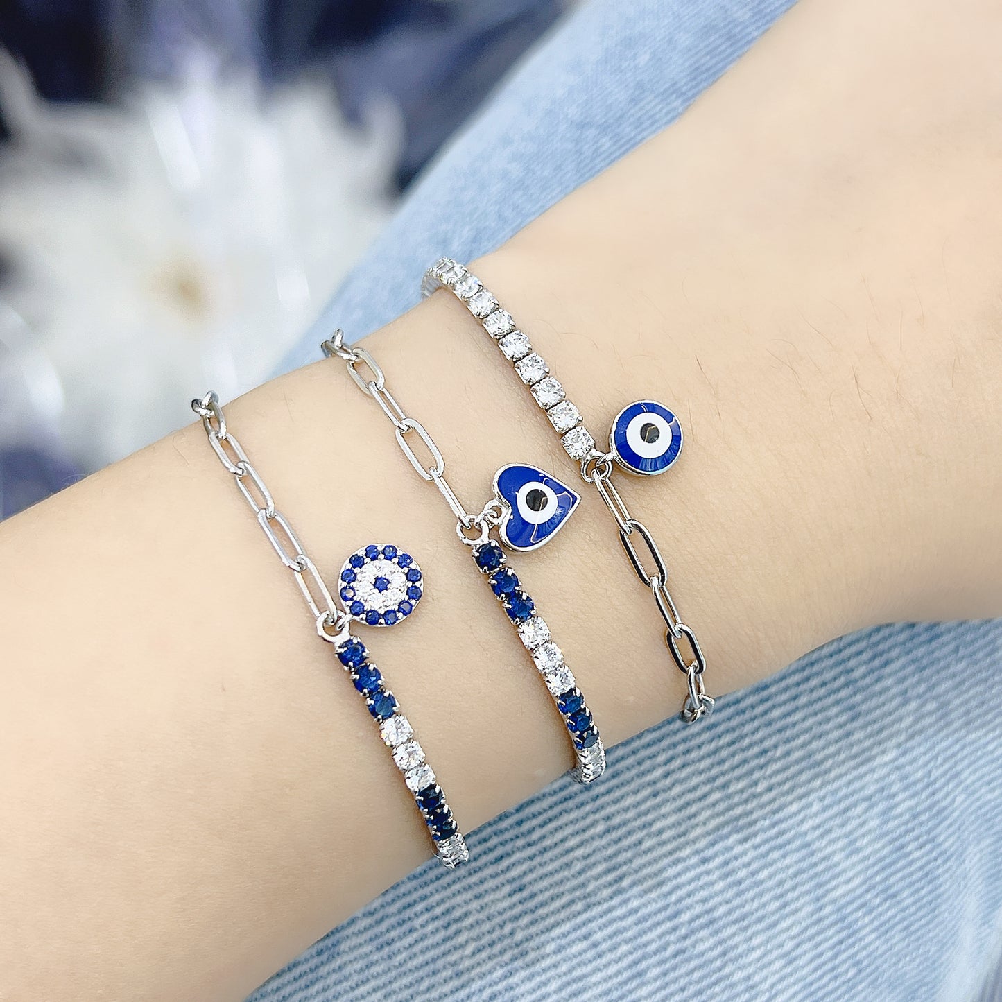 Sapphire and white zircon round evil eye curb chain silver 925 bracelet