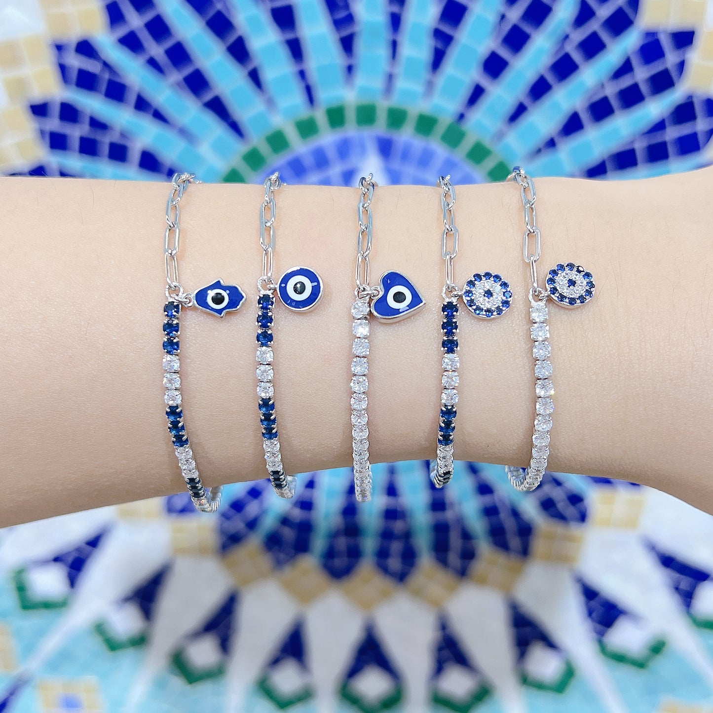 Sapphire and white zircon round evil eye curb chain silver 925 bracelet