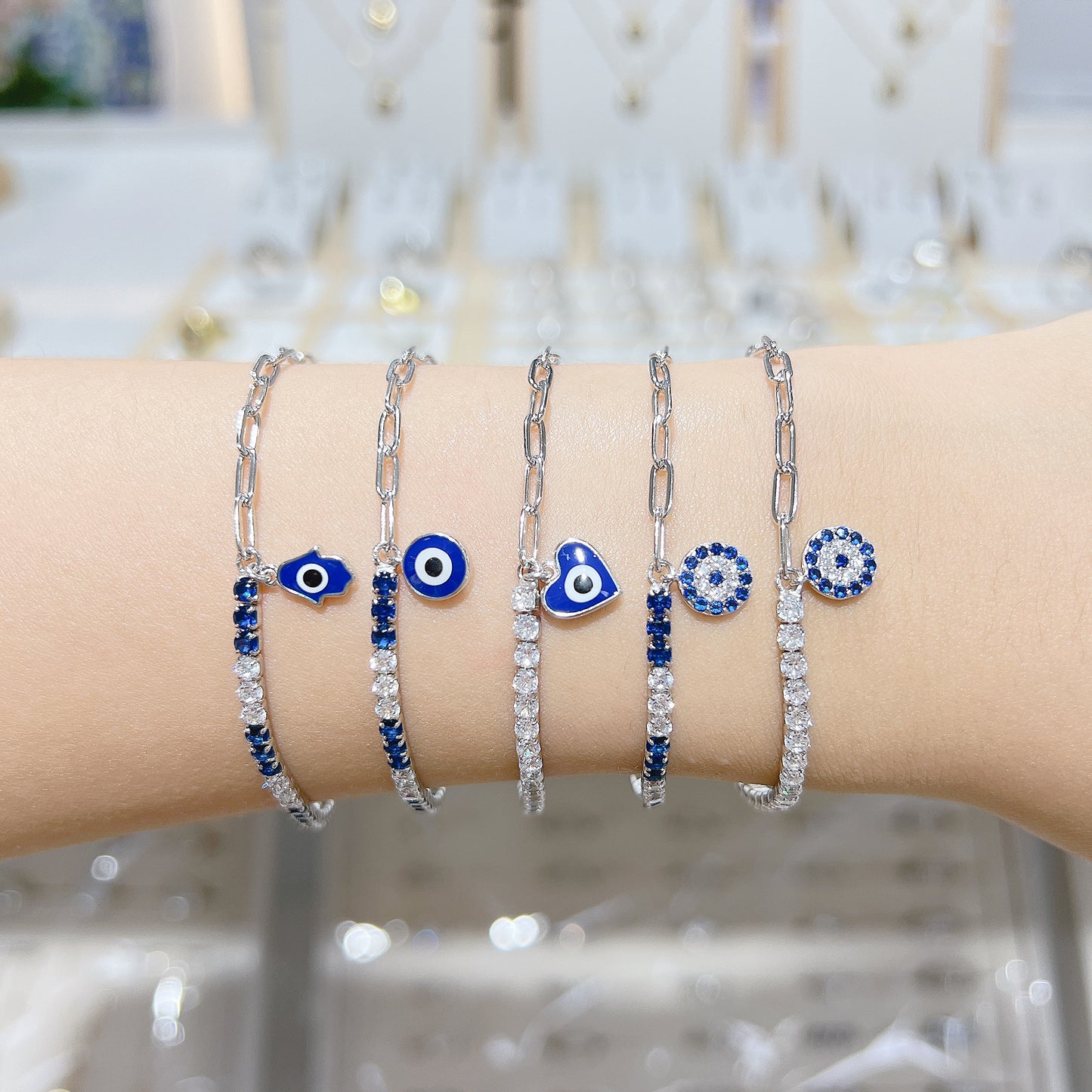 Sapphire and white zircon round evil eye curb chain silver 925 bracelet