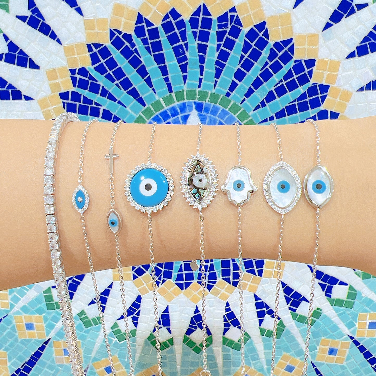 Turquoise white zircon marquise evil eye silver 925 bracelet