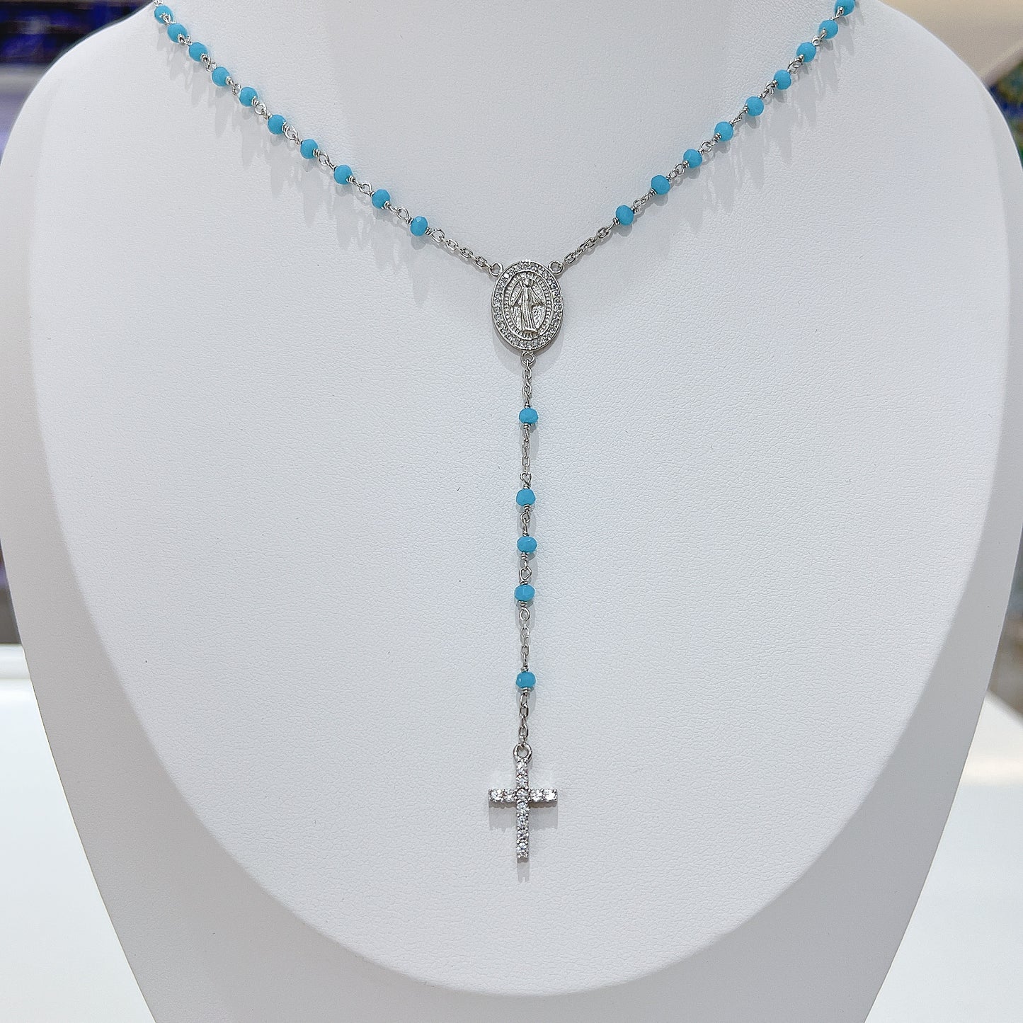 Black/dark blue/turquoise/white beads white zircon mother Maria and cross silver 925 rosary necklace