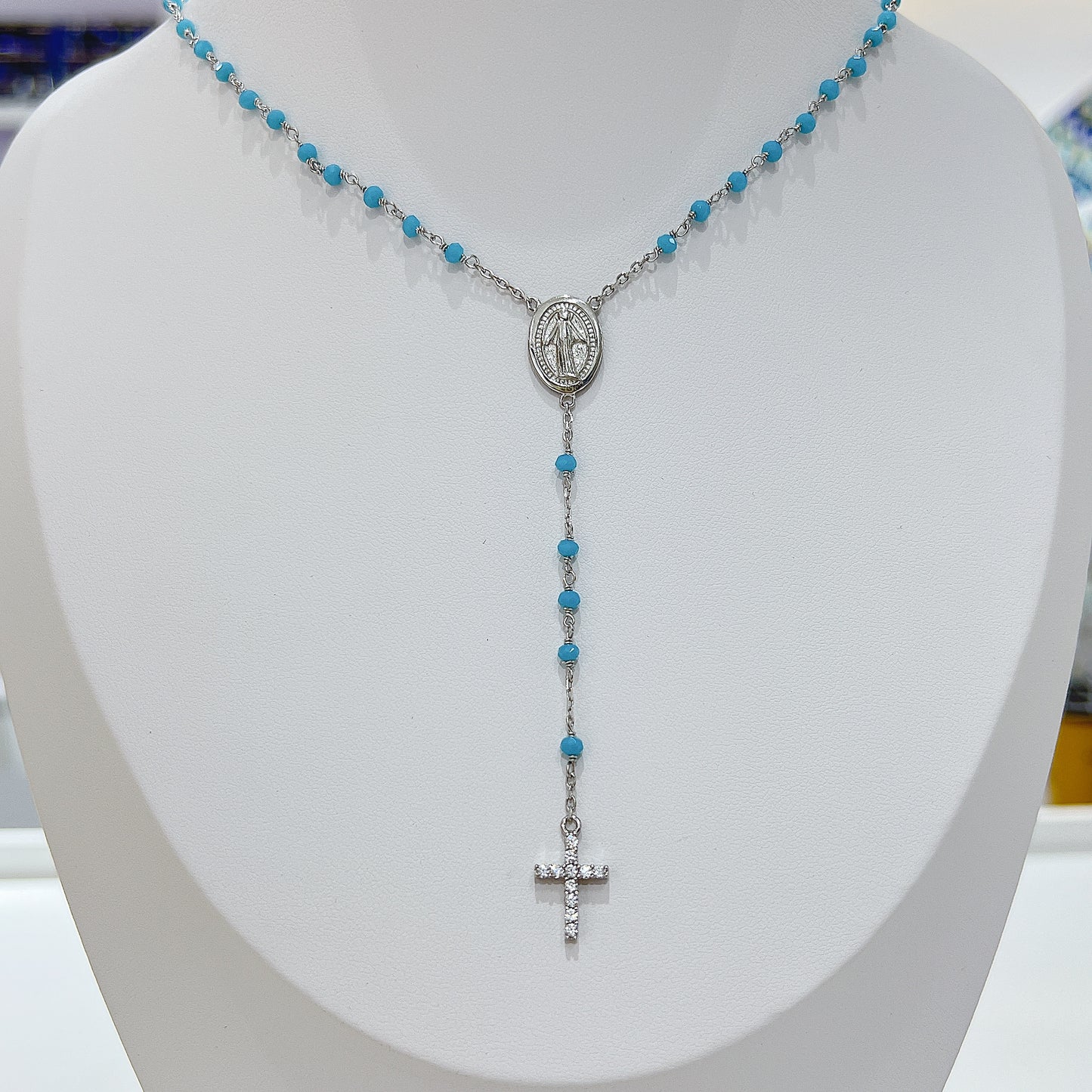 Black/dark blue/turquoise/white beads white zircon mother Maria and cross silver 925 rosary necklace