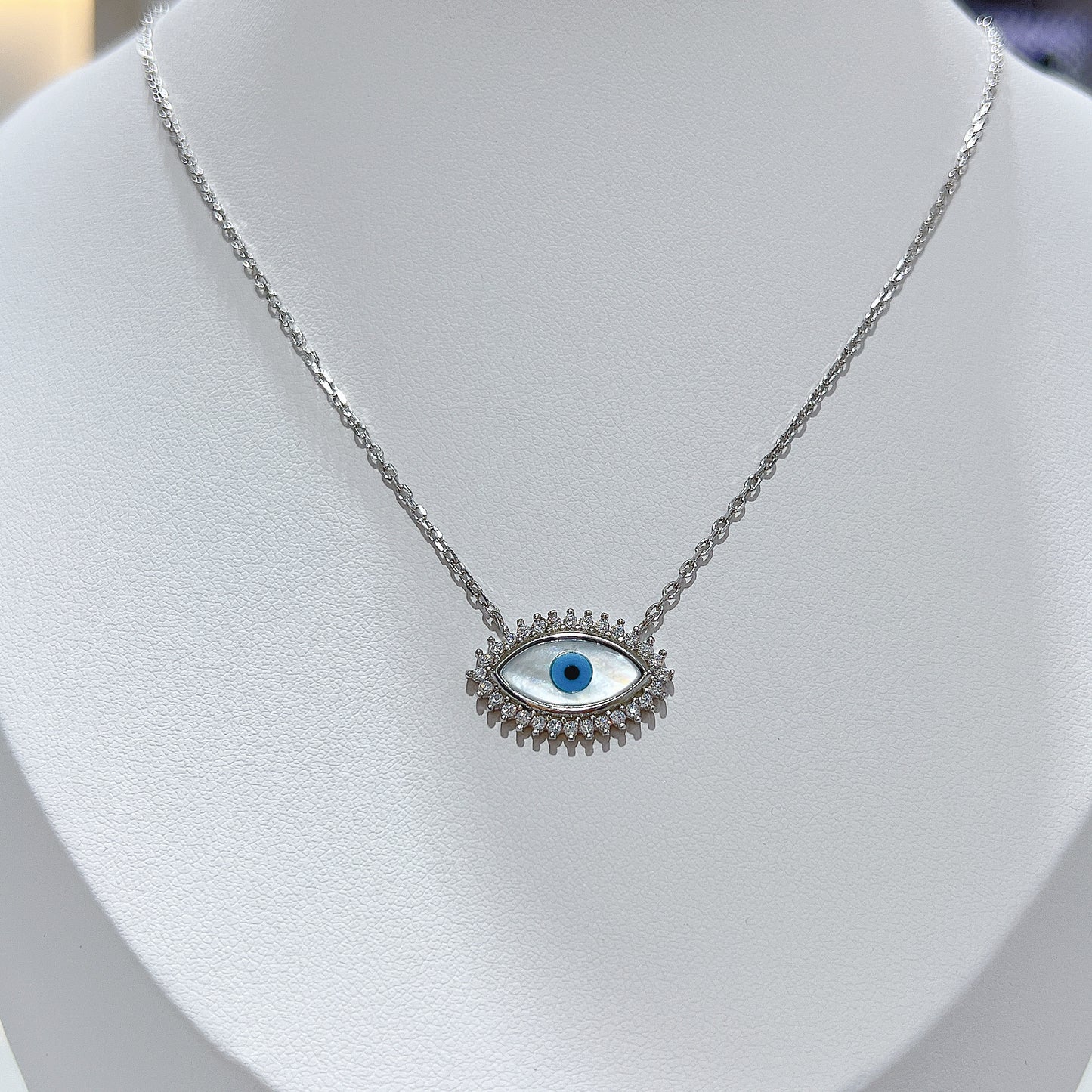 MOP white zircon marquise evil eye silver 925 necklace