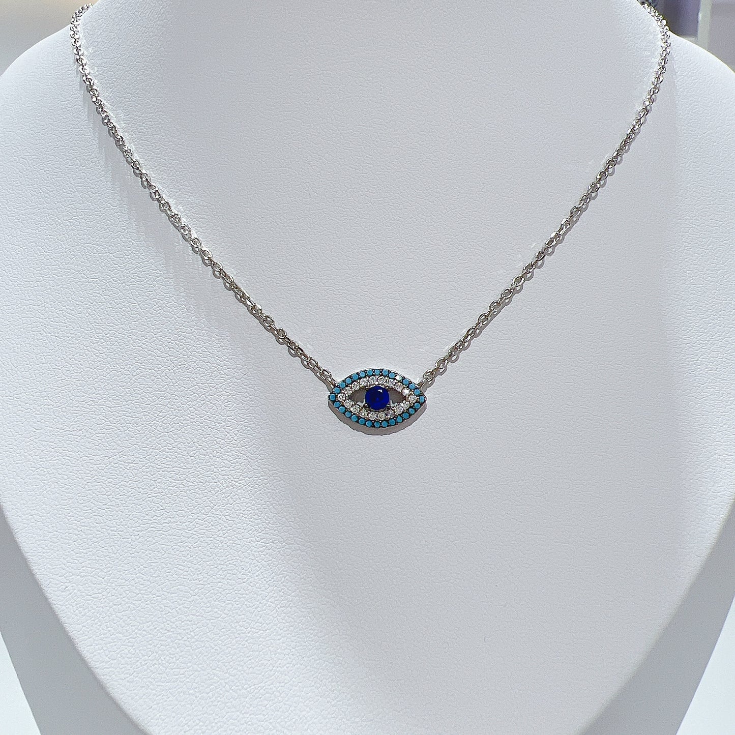 Turquoise sapphire and white zircon marquise evil eye silver 925 necklace