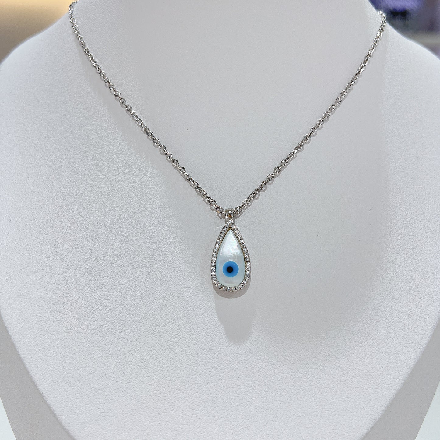 MOP white zircon tear drop evil eye silver 925 necklace