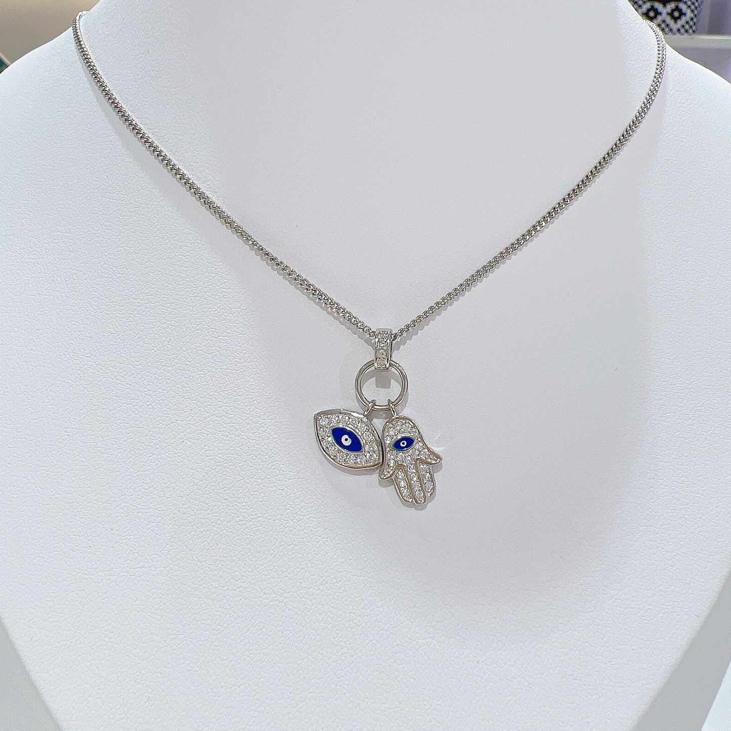 Dark blue enamel white zircon fatima hamsa marquise evil eye silver 925 curb chain necklace