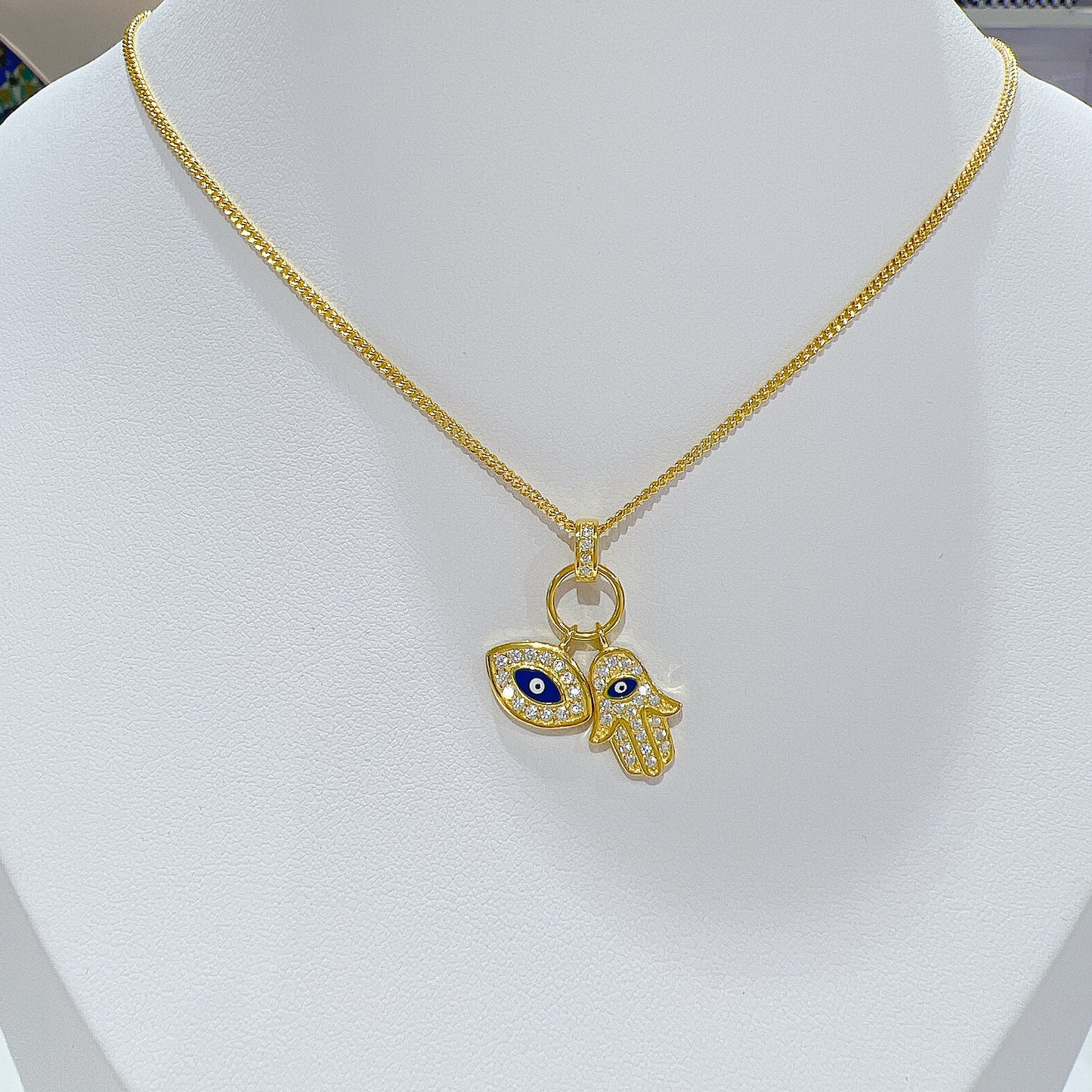 Dark blue enamel white zircon fatima hamsa marquise evil eye silver 925 curb chain necklace