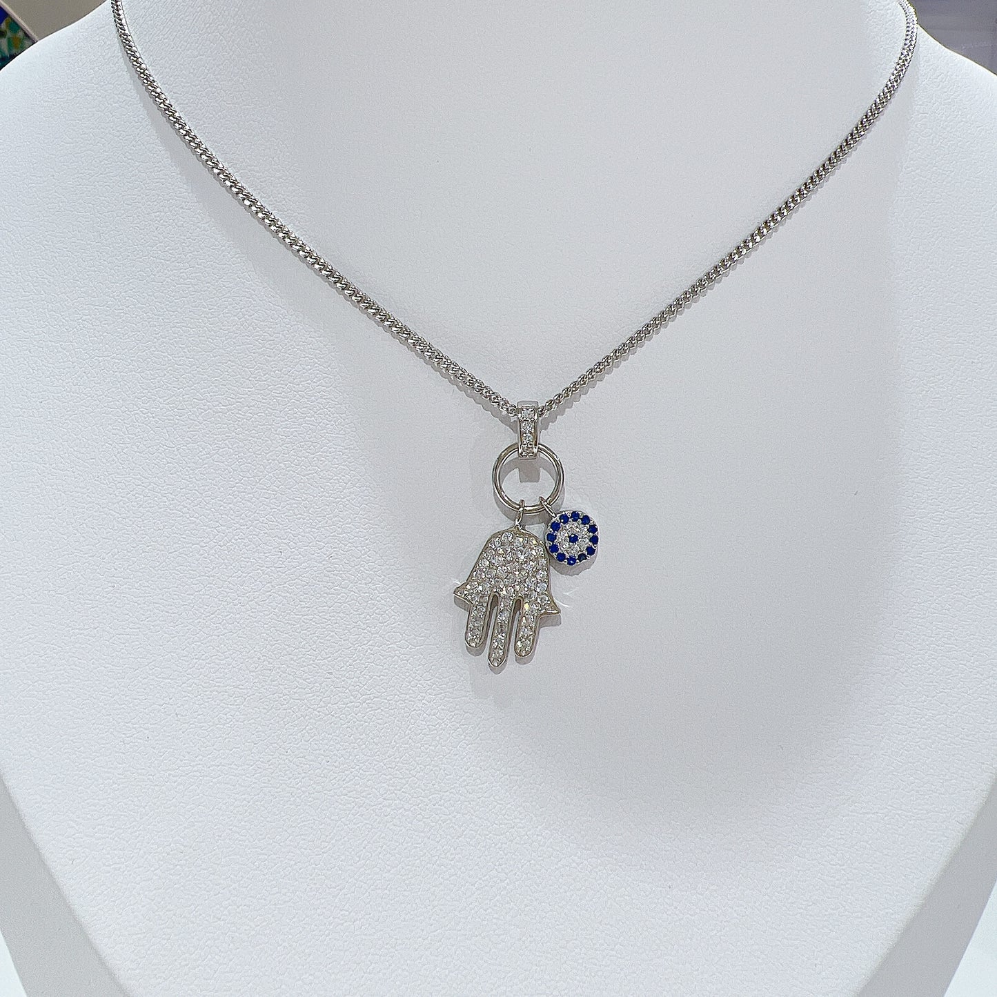 Sapphire and white zircon fatima hamsa evil eye silver 925 curb chain necklace