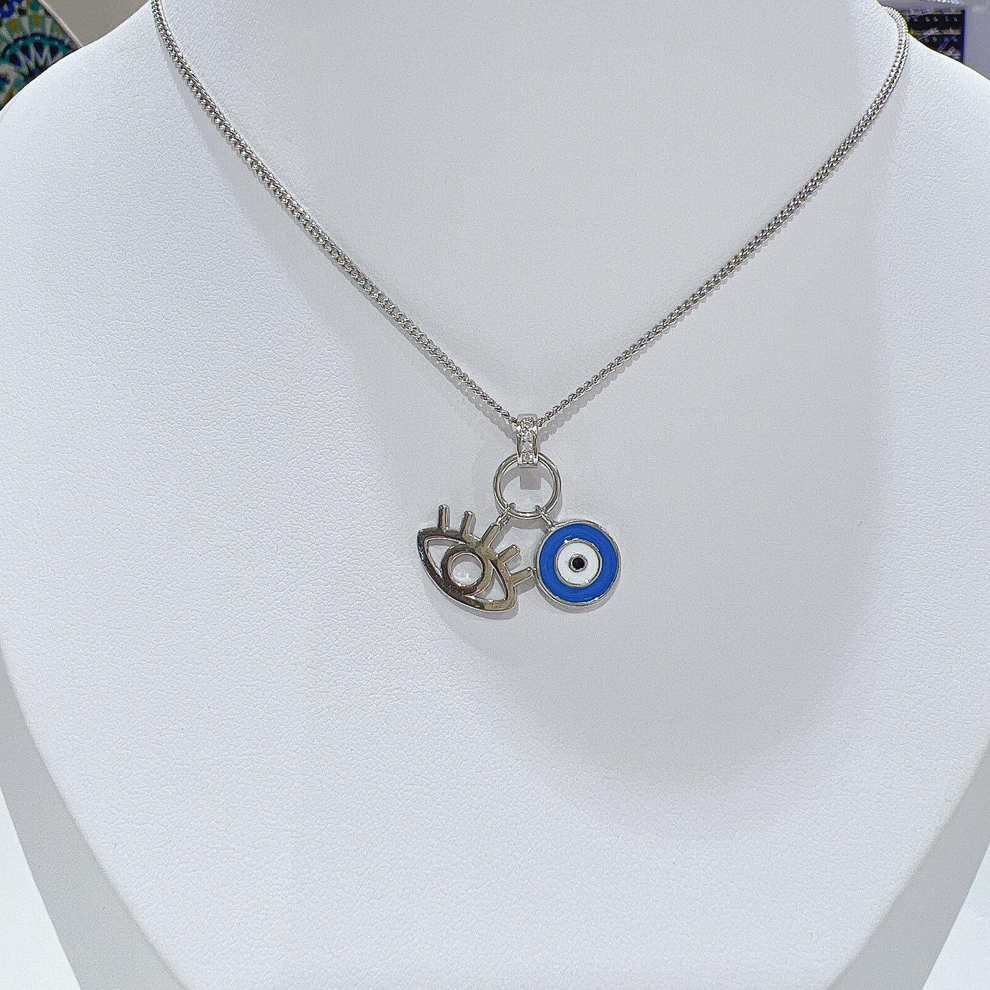 Light blue enamel white zircon eyelash evil eye silver 925 curb chain necklace