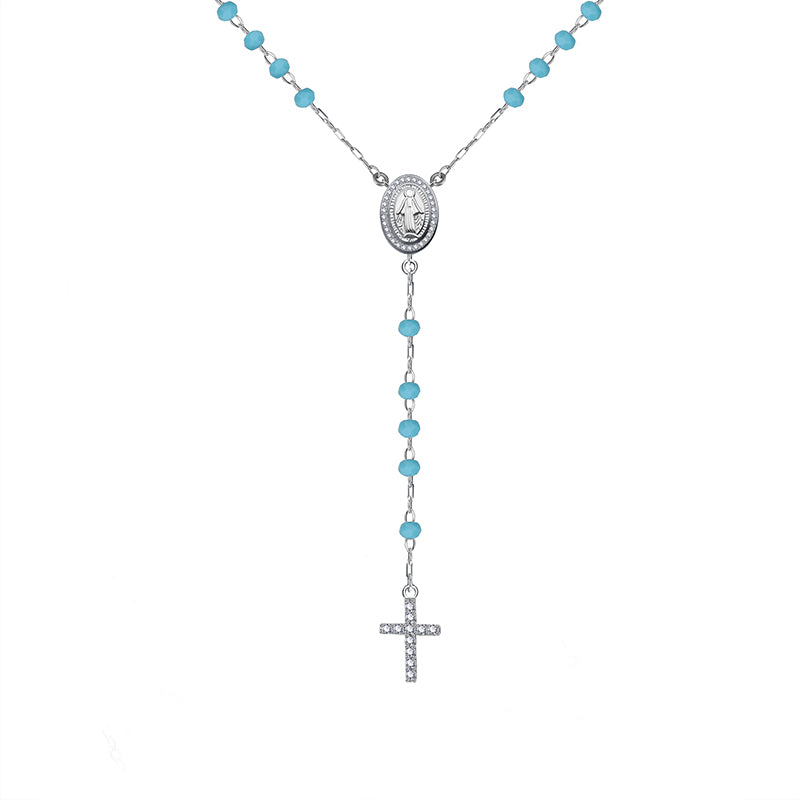 Black/dark blue/turquoise/white beads white zircon mother Maria and cross silver 925 rosary necklace