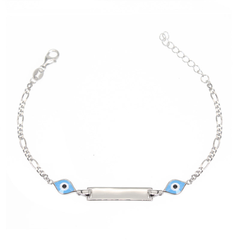 Dark/Light blue enamel marquise evil eye ID plain silver 925 bracelet