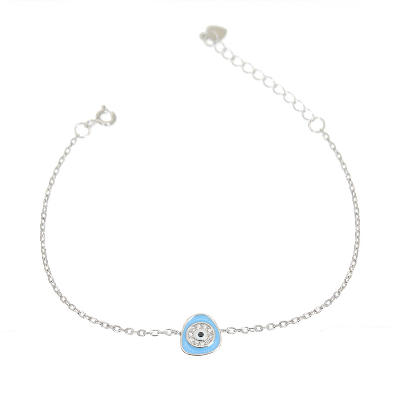 Light blue enamel white zircon triangle evil eye silver 925 bracelet