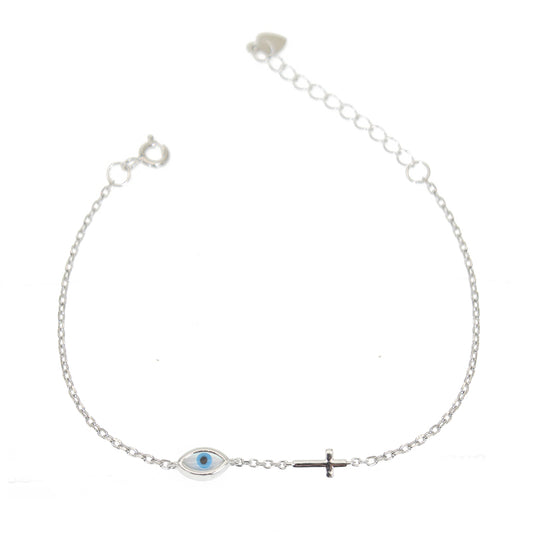 MOP plain cross and marquise evil eye silver 925 bracelet