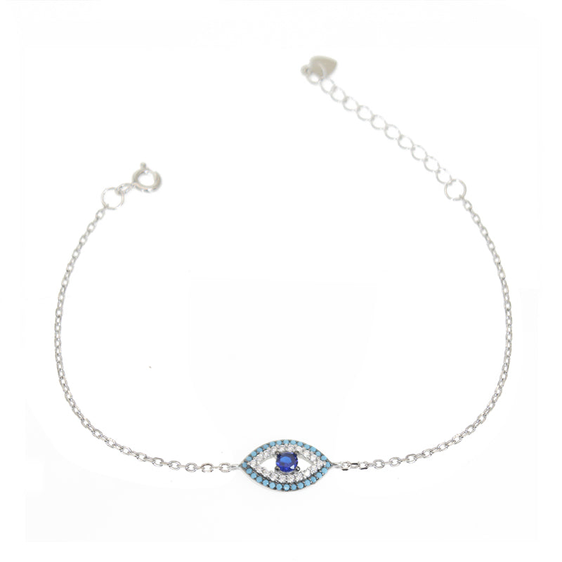 Turquoise sapphire and white zircon marquise evil eye silver 925 bracelet