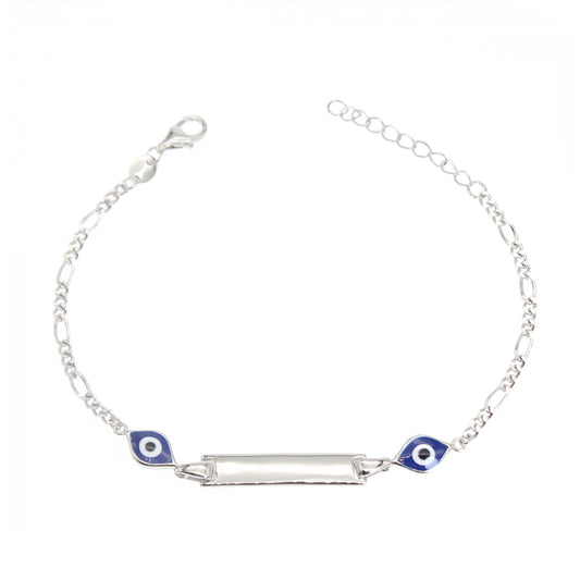 Dark/Light blue enamel marquise evil eye ID plain silver 925 bracelet