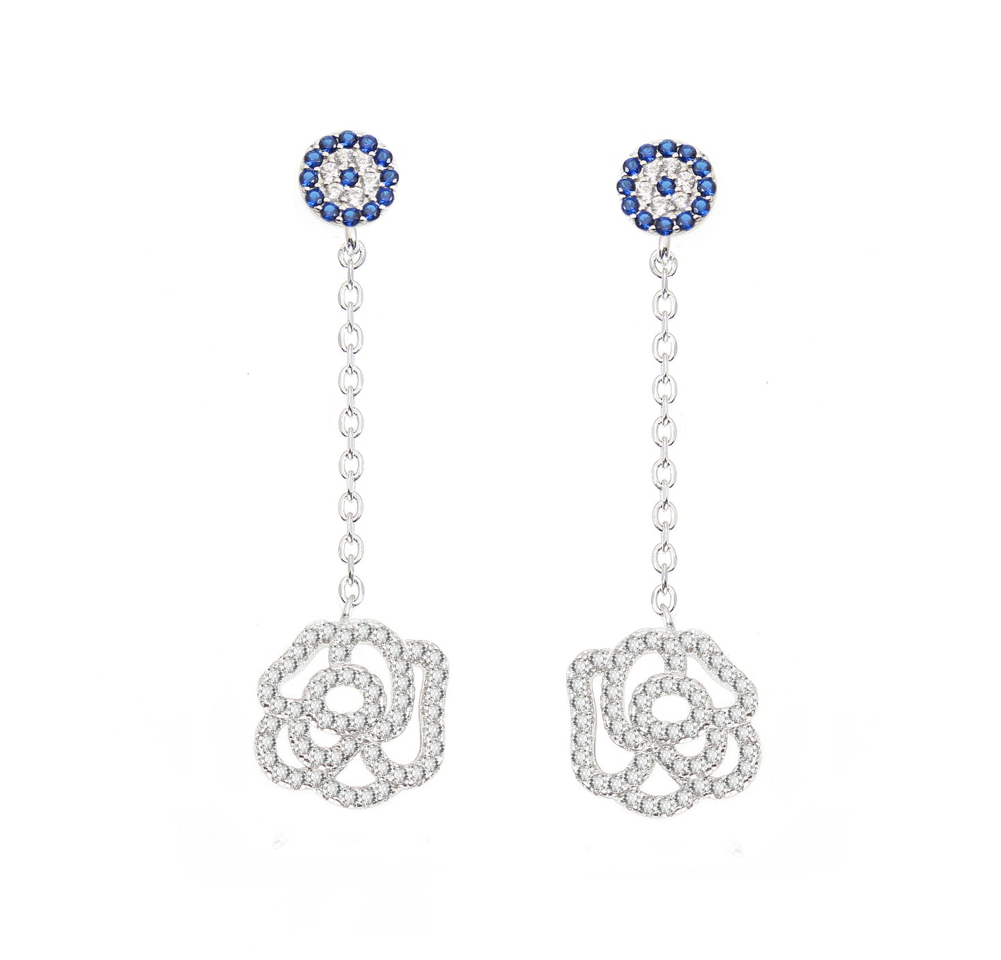 Sapphire and white zircon rose evil eye silver 925 dangling earrings