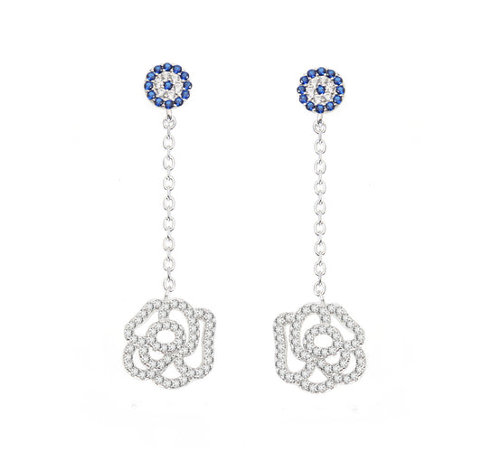 Sapphire and white zircon rose evil eye silver 925 dangling earrings