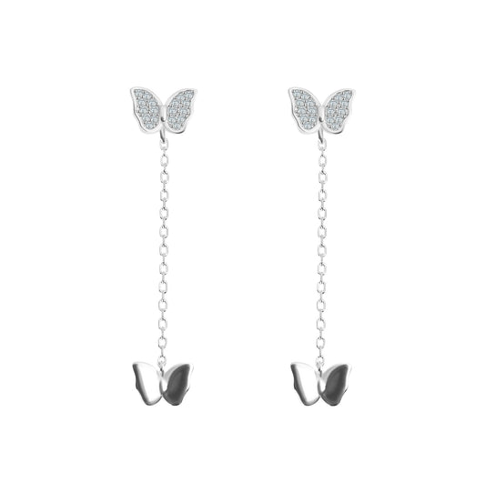 White zircon butterfly silver 925 dangling earrings