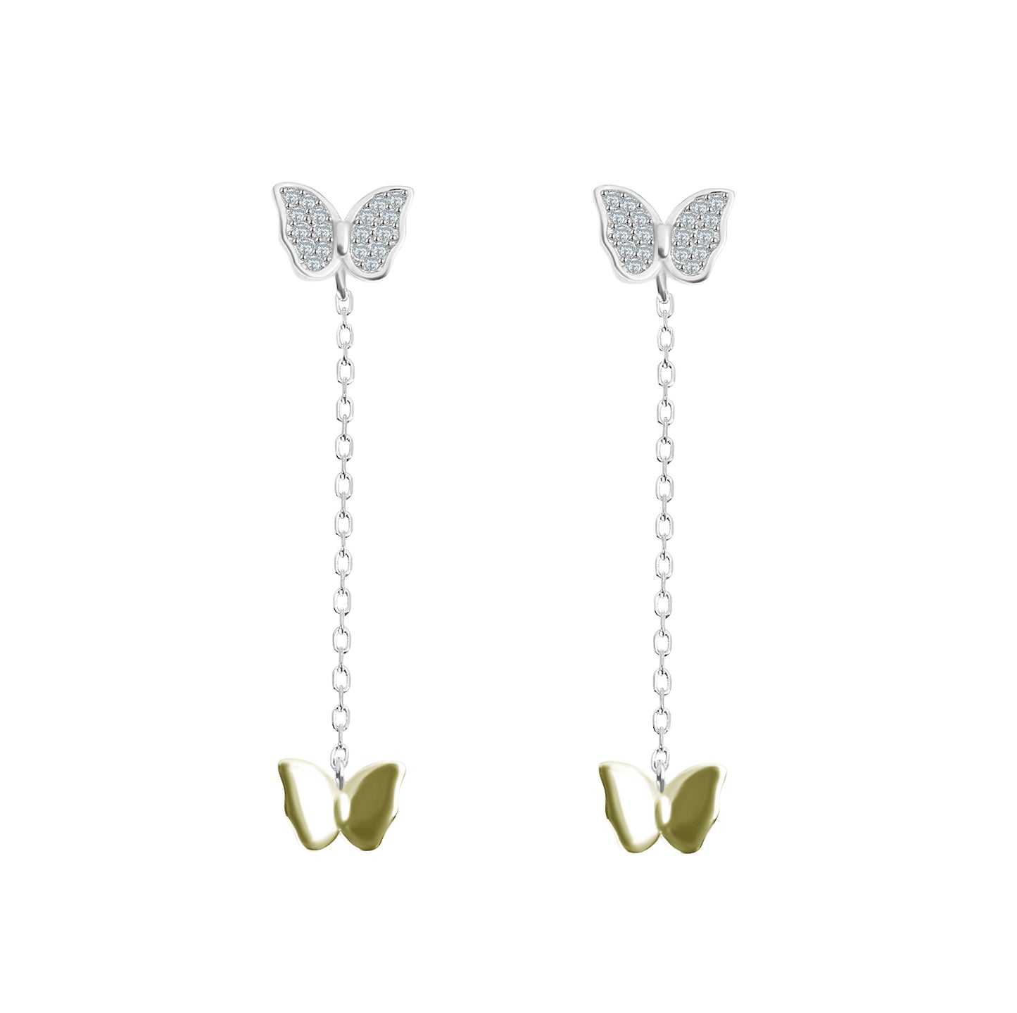 White zircon butterfly silver 925 dangling earrings