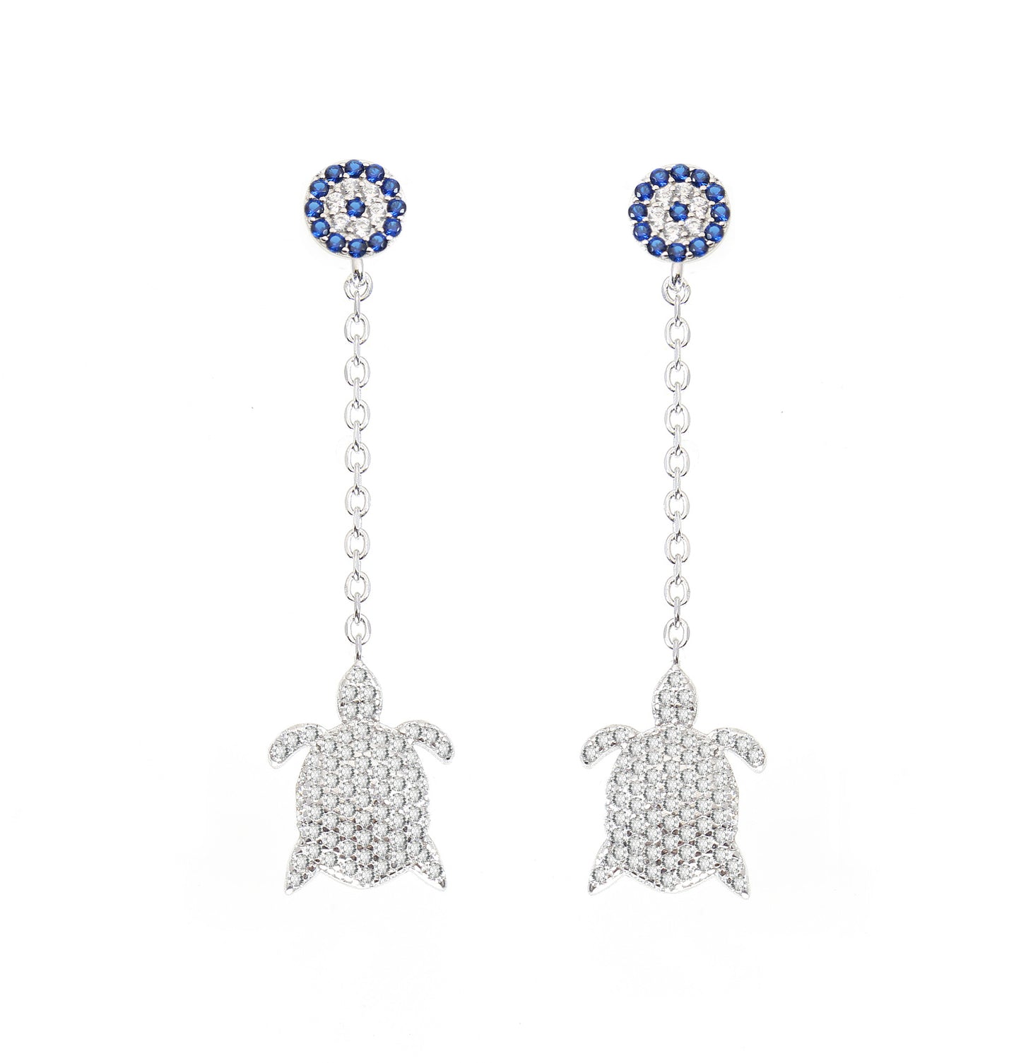 Sapphire and white zircon turtle evil eye silver 925 dangling earrings