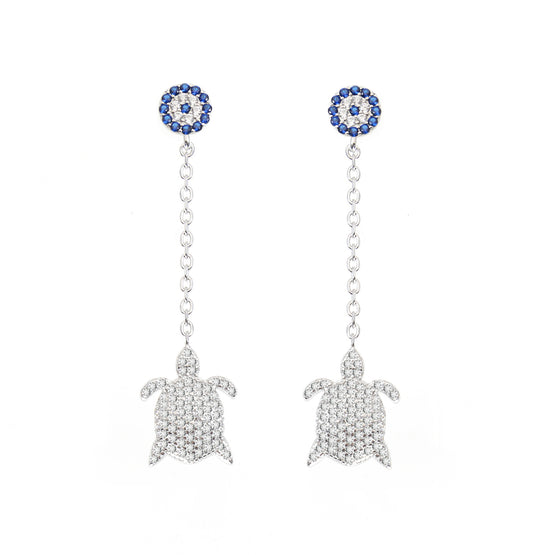 Sapphire and white zircon turtle evil eye silver 925 dangling earrings