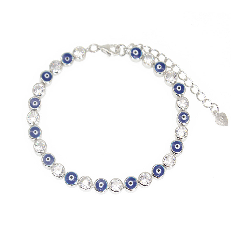 4mm Dark Blue Enamel White Zircon Evil Eye Silver 925 Bracelet