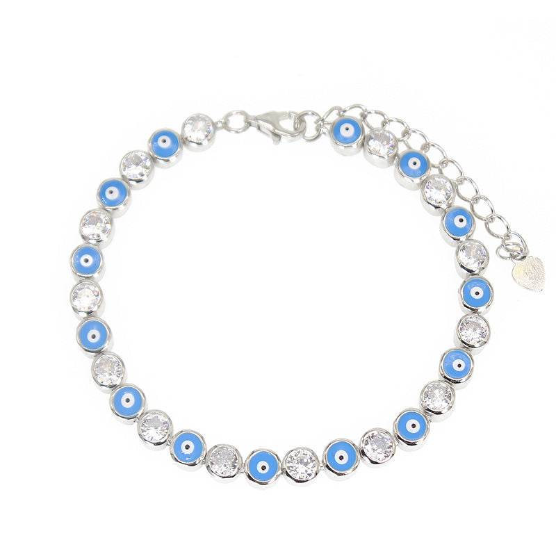 4mm Light Blue Enamel White Zircon Evil Eye Silver 925 Bracelet