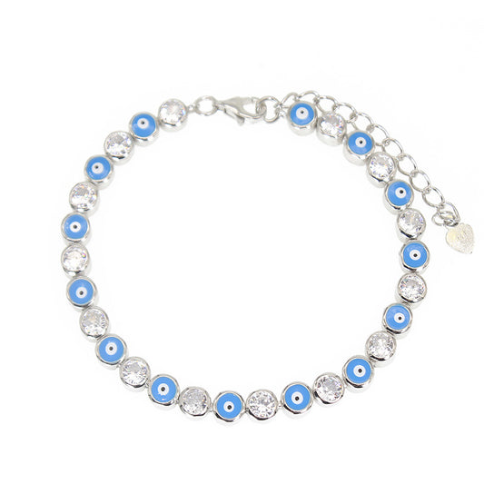 4mm Light Blue Enamel White Zircon Evil Eye Silver 925 Bracelet