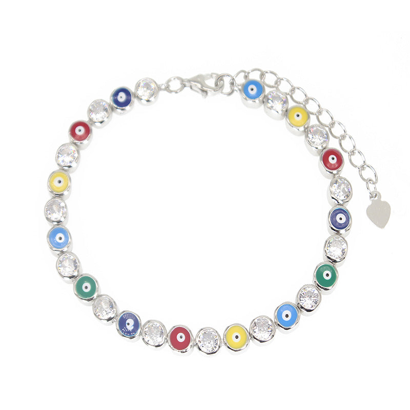 4mm Rainbow Enamel White Zircon Evil Eye Silver 925 Bracelet