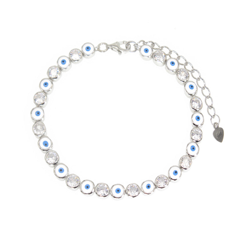 4mm White Enamel White Zircon Evil Eye Silver 925 Bracelet