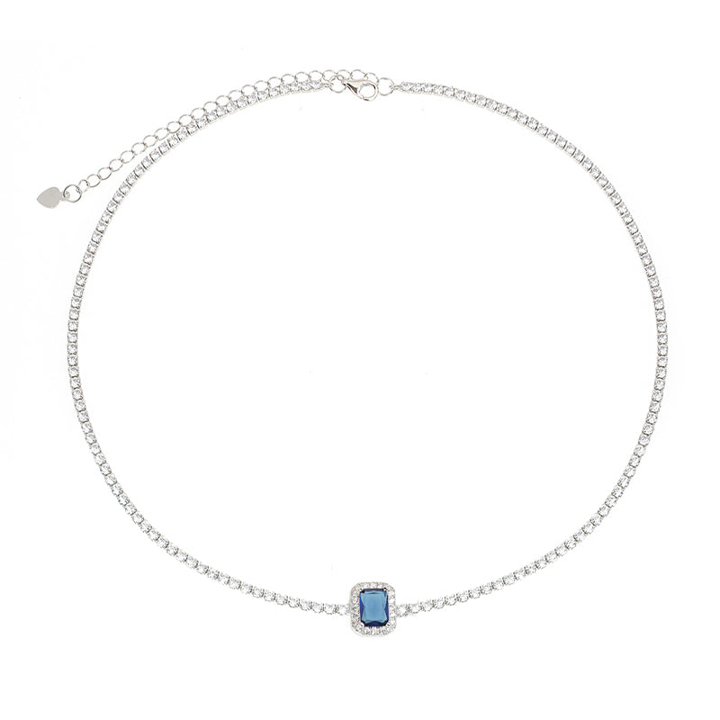 Silver House Sapphire White Zircon Baguette Silver 925 Choker Necklace