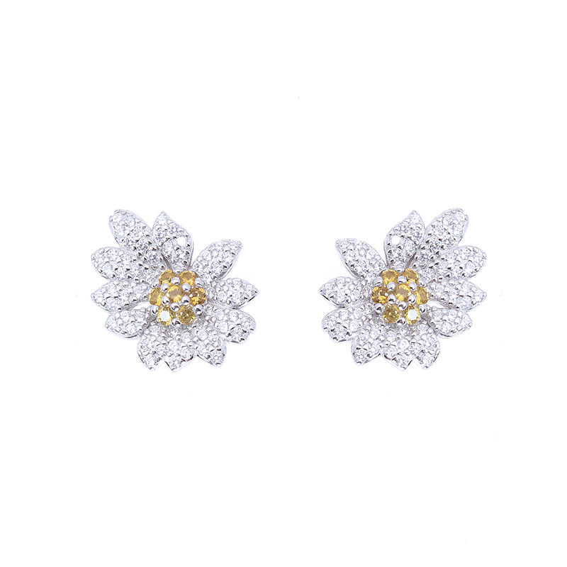 Flower Yellow White Zircon Silver 925 Stud Earrings