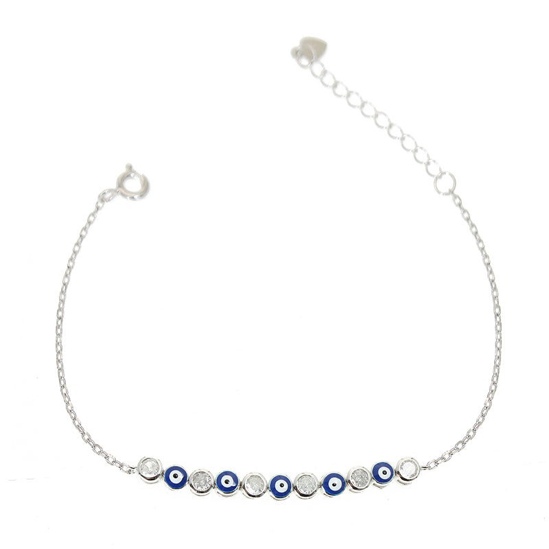 Dark Blue Enamel White Zircon Evil Eye Silver 925 Bracelet