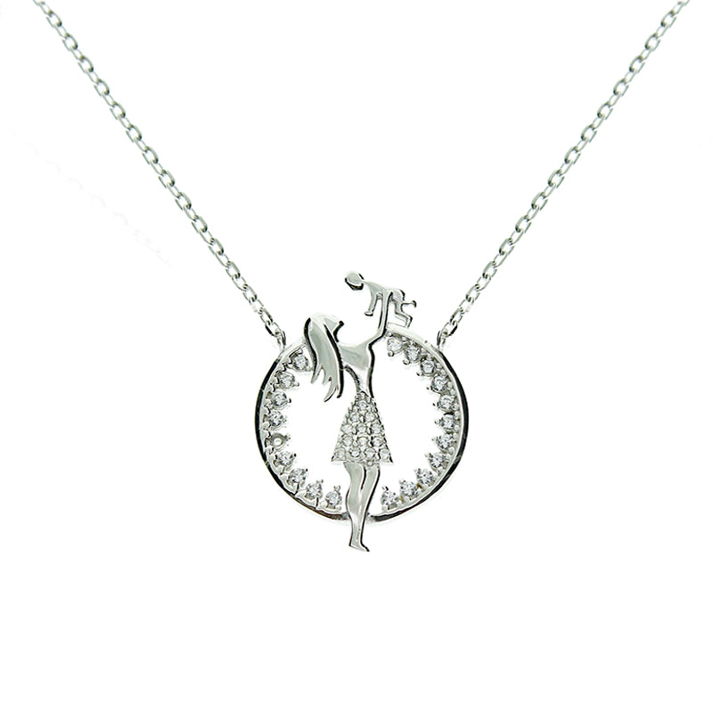 Silver House White Zircon Mum & Baby Round Silver 925 Necklace