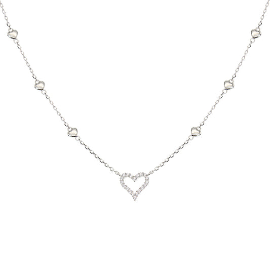 Silver House White Zircon Hollow Heart Silver 925 Necklace