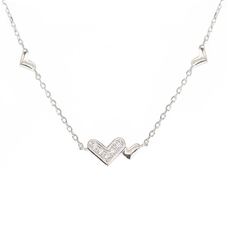 Silver House White Zircon Double Hearts Silver 925 Necklace